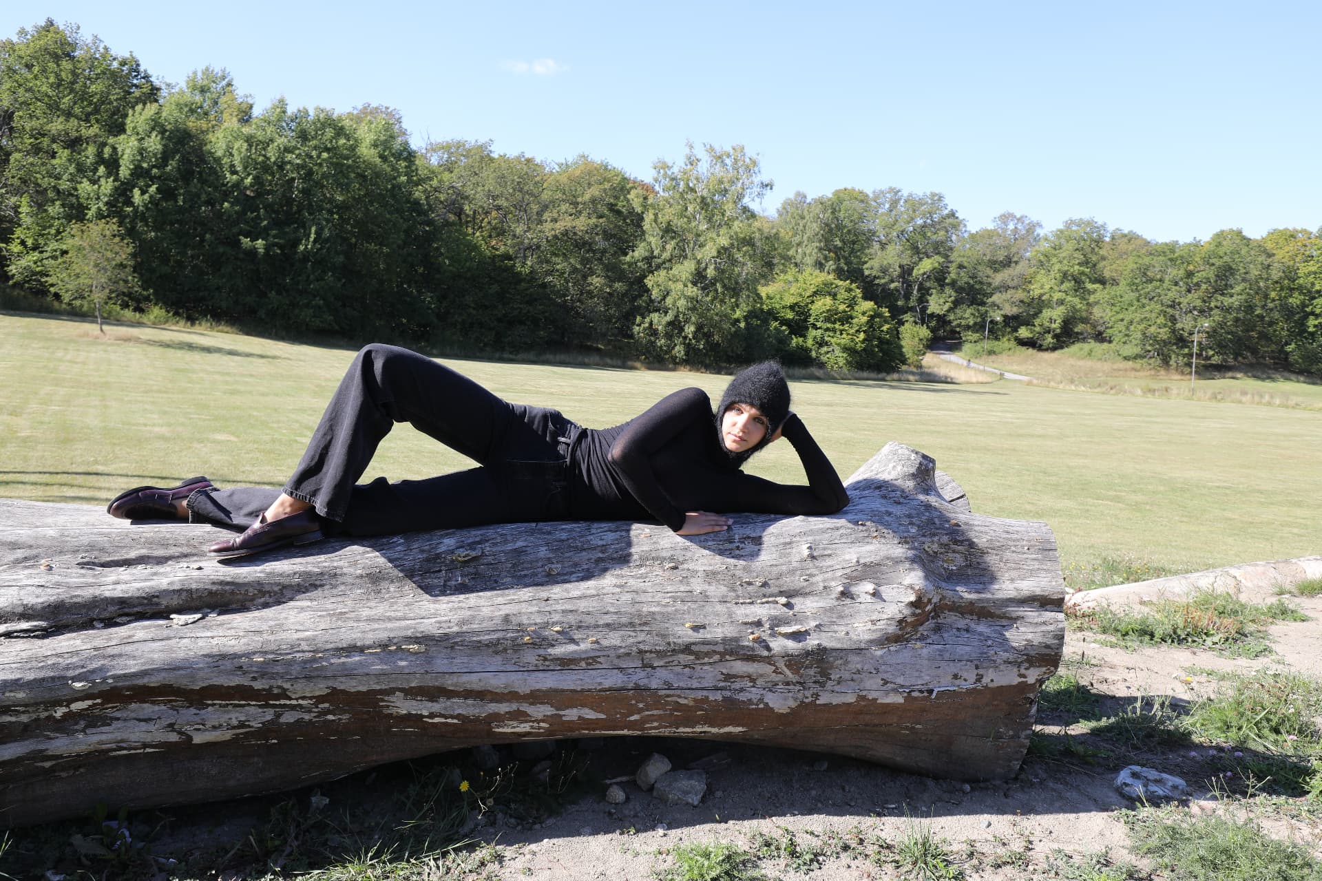 Person in black clothing reclining on a large weathered log in a sunny field